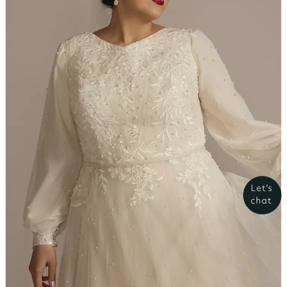 Oleg Cassini Long Sleeve Pearl Tulle Modest Wedding Dress